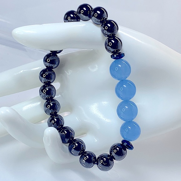 BLUE JADE + HEMATITE NATURAL BRACELET size 7.5” - Picture 1 of 6